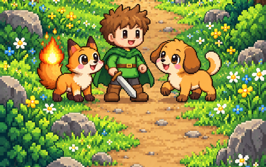 A young hero, Emberfox and a puppy friend on a sunny forest path
